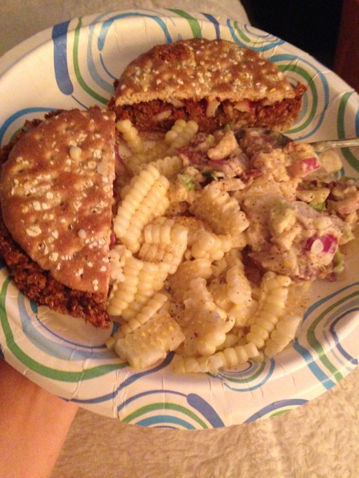BBQ Black bean and Quinoa burger with Vegan Potato salad and fresh corn, cut off the cob.